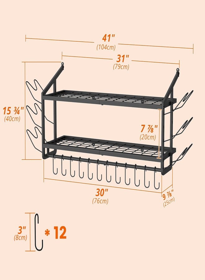 VOPEAK 30" Pot Rack Wall Mounted with 6 Detachable Pot Lid Holders,12 Adjustable S Hooks for Hanging Pans,2 Tier Black Heavy Duty Metal Shelves for pots and pans Organizer,200lbs Capcity,Space Saving - Image 3